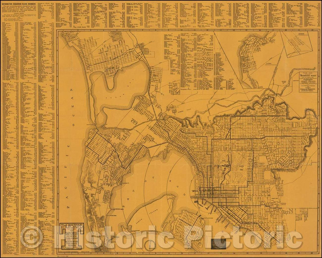 Historic Map - Thurston's Street and Indexed Map of San Diego East San Diego Pt. Loma - Coronado, 1915, Albert G. Thurston - Vintage Wall Art