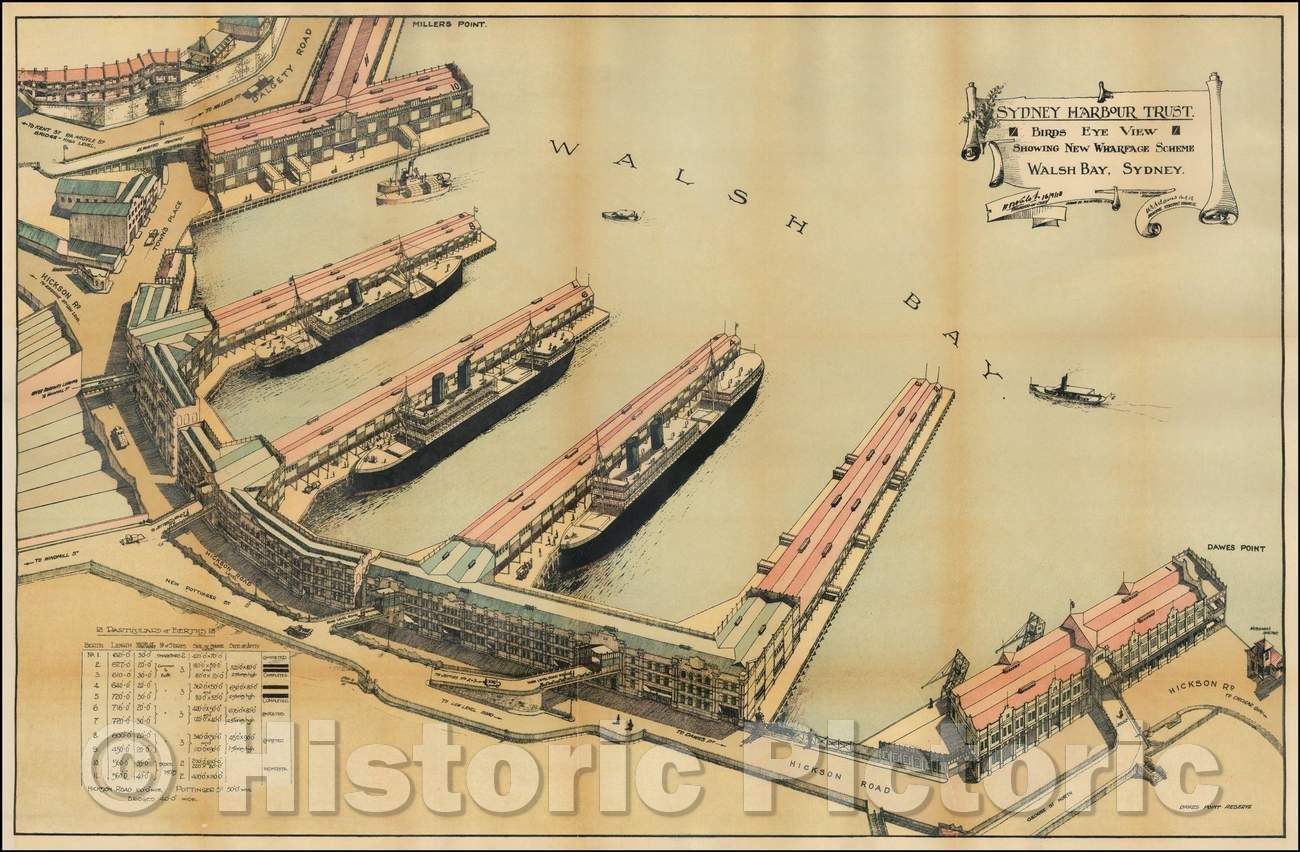 Historic Map - Birds Eye View Showing the New Wharfage Scheme - Walsh Bay, Sydney, 1918, Sydney Harbour Trust - Vintage Wall Art