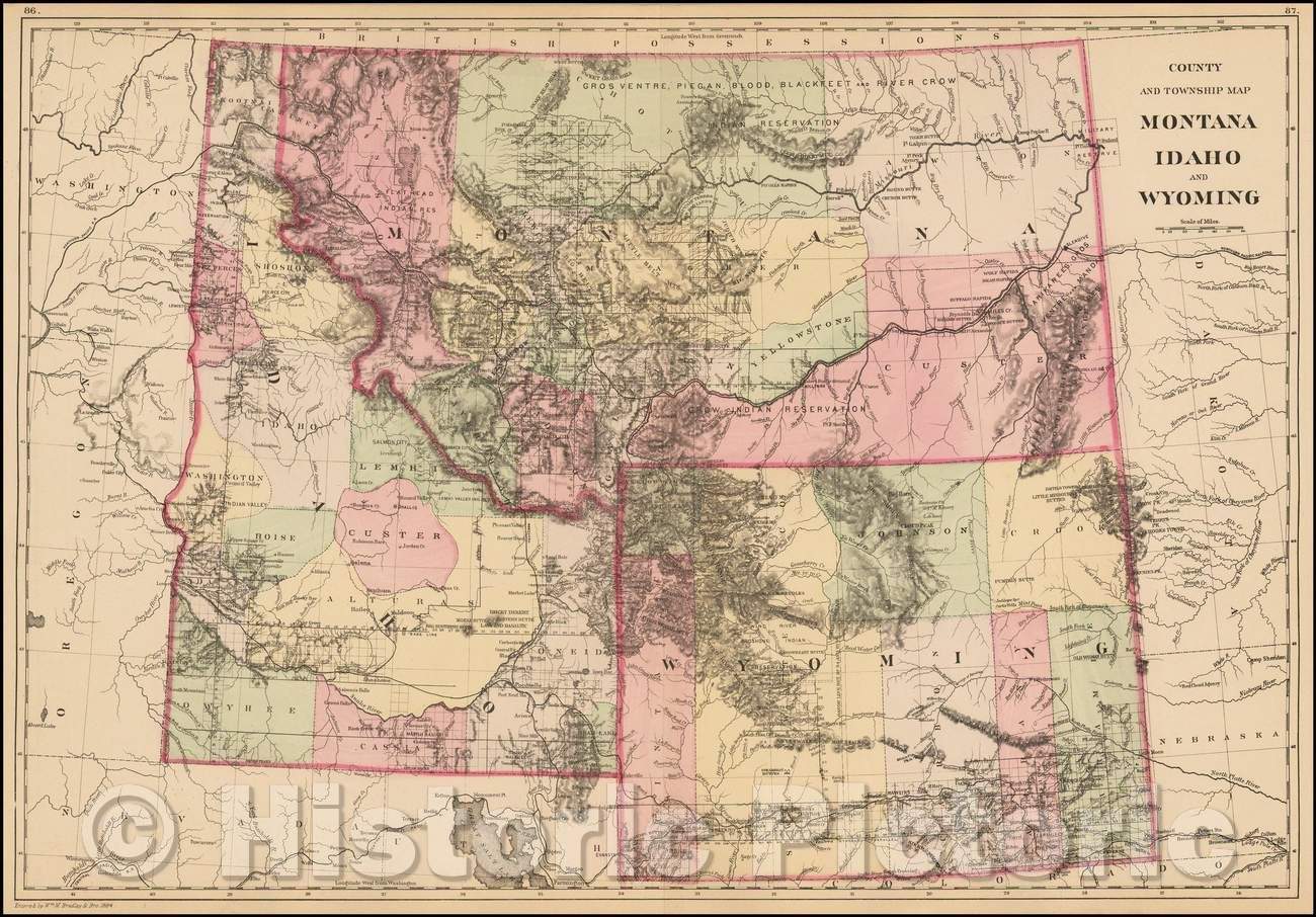 Historic Map - County and Township Map Montana, Idaho, and Wyoming, 1884, Samuel Augustus Mitchell Jr. - Vintage Wall Art