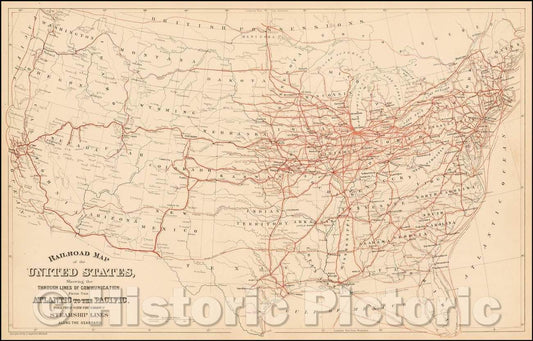 Historic Map - Railroad Map of the United States, Showing the Through Lines of Communication From the Atlantic to the Pacific, 1880 - Vintage Wall Art
