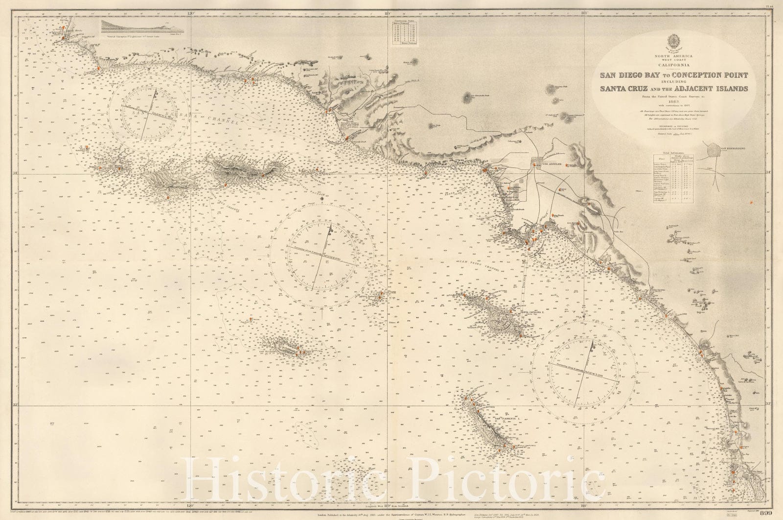 Historic Map - San Diego Bay to Conception Point Including Santa Cruz and Adjacent Islands From the United States Coast Survey to 1883, 1885 - Vintage Wall Art