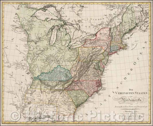 Historic Map - Die Vereinigten Staaten von Nordamerika nach Arrowsmith's :: United States, Arrowsmith's of the US in 1795 and Lewis' of 1796, 1799 - Vintage Wall Art