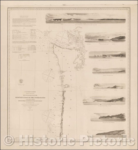 Historic Map - Reconnaissance of the Western Coast of the United States (Northern Sheet) From Umpquah River to the Boundary, 1855, United States Coast Survey - Vintage Wall Art