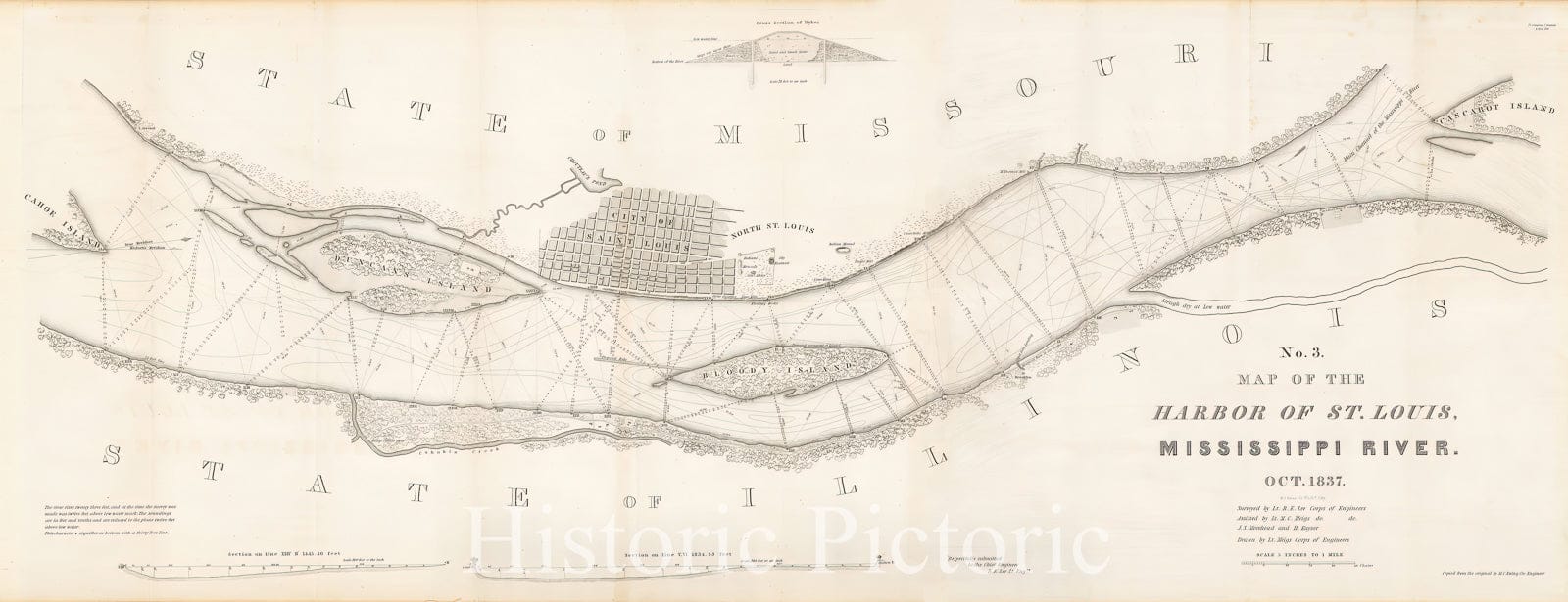 Historic Map - Map of the Harbor of ST. Louis, Mississippi River. Oct. Surveyed, 1837, Robert E. Lee v3