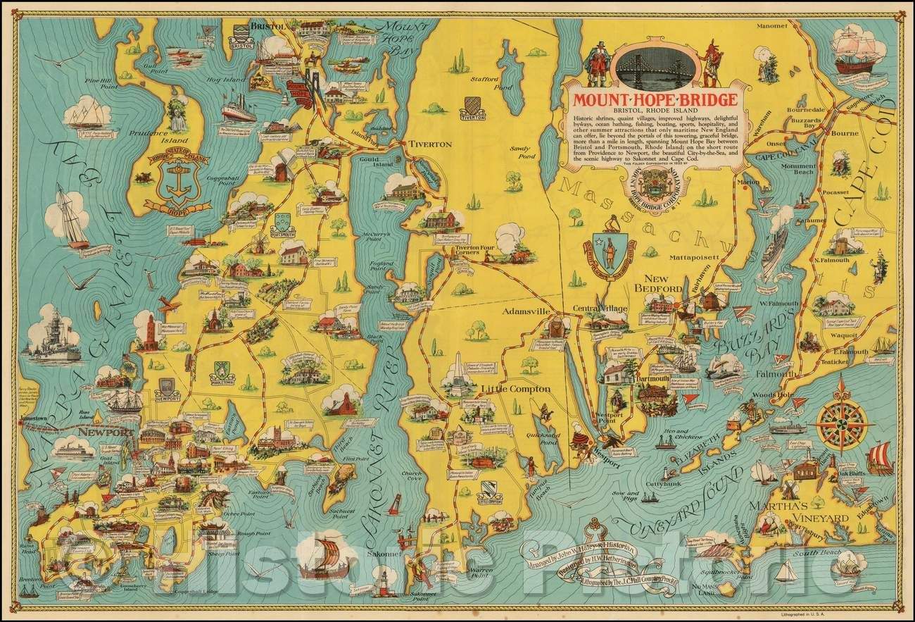 Historic Map - Mount Hope Bridge Bristol Rhode Island, 1933, H.W. Hetherington - Vintage Wall Art