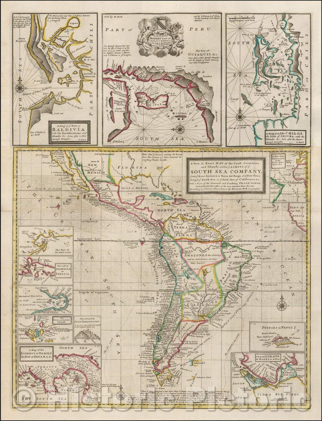 Historic Map - A New & Exact Map of the Coast, Countries and Islands within ye Limits of ye South Sea Company from ye River Aranoca to Terra del Fuego, 1711 v2