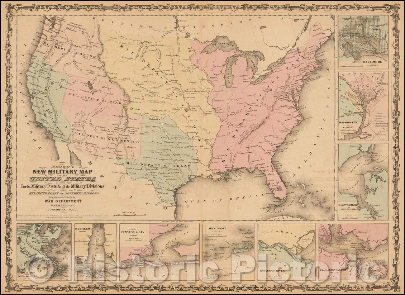 Historic Map - Johnson's New Military of the United States Forts, Military Posts & all the Military Divisions with Enlarged Plans of the Southern Harbors, 1862 v3