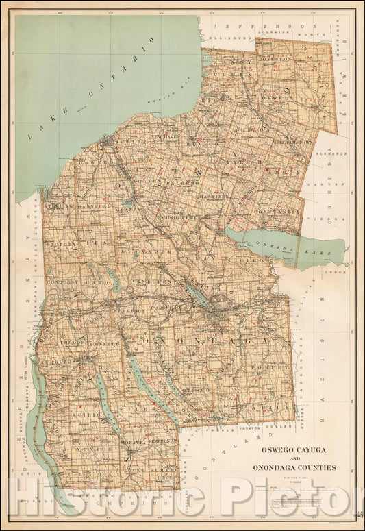 Historic Map - Oswego Cayuga and Onondaga Counties, 1895, Julius Bien - Vintage Wall Art