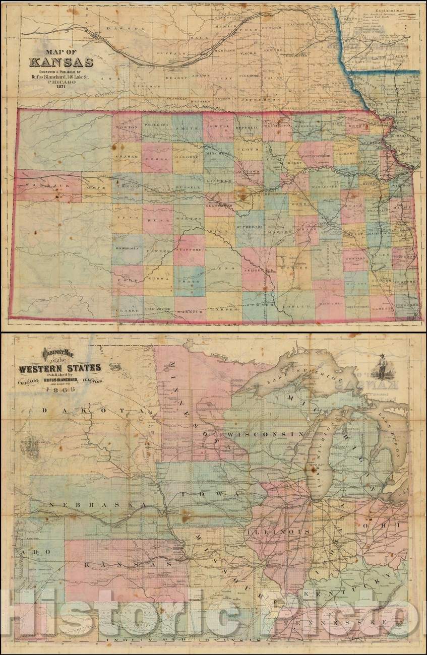 Historic Map - Map of Kansas Engraved &, 1868, Rufus Blanchard - Vintage Wall Art