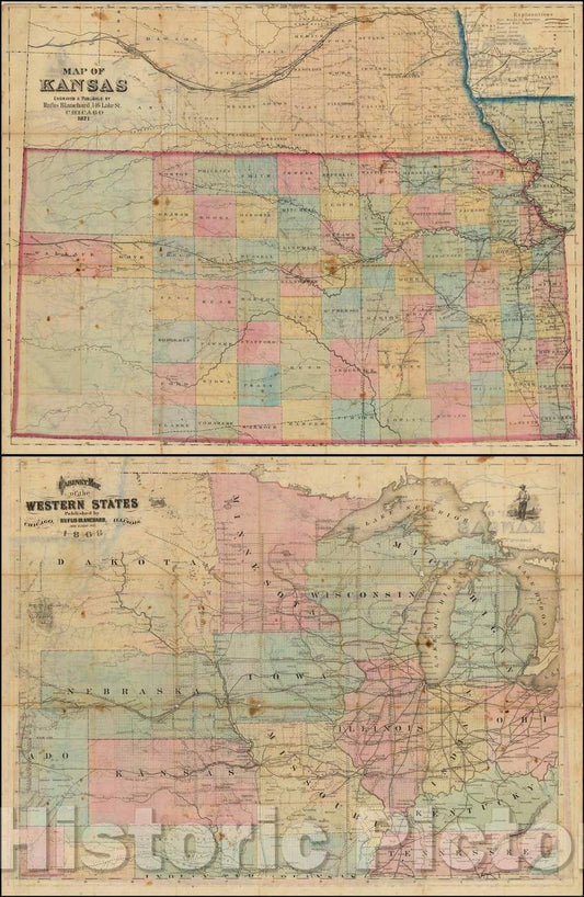 Historic Map - Map of Kansas Engraved &, 1868, Rufus Blanchard - Vintage Wall Art
