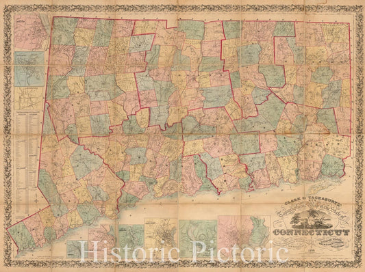 Historic Map - Clark & Tackaburys' New Topographical Map of the State of Connecticut, 1860, Robert Tackabury - Vintage Wall Art