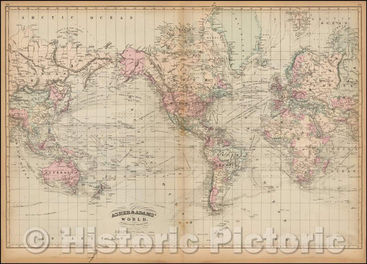 Historic Map - Asher & Adams' World on Mercator's Projection, 1875, Asher v2