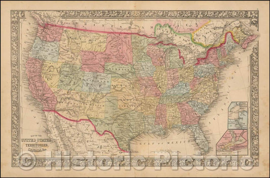Historic Map - Map of the United States And Territories, Together with Canada, 1865, Samuel Augustus Mitchell Jr. - Vintage Wall Art
