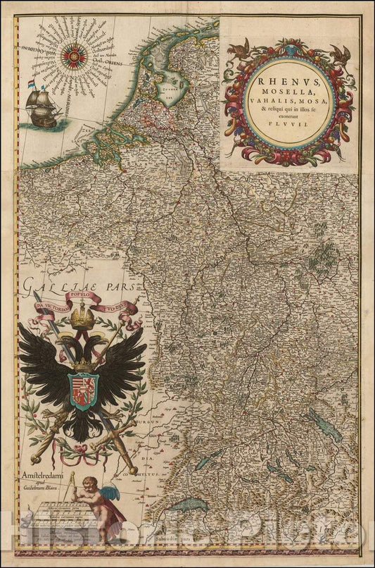 Historic Map - Rhenus, Mosella, Vahalis, Mosa & reliqui qui se exonerant fluvii, 1634, Willem Janszoon Blaeu v2