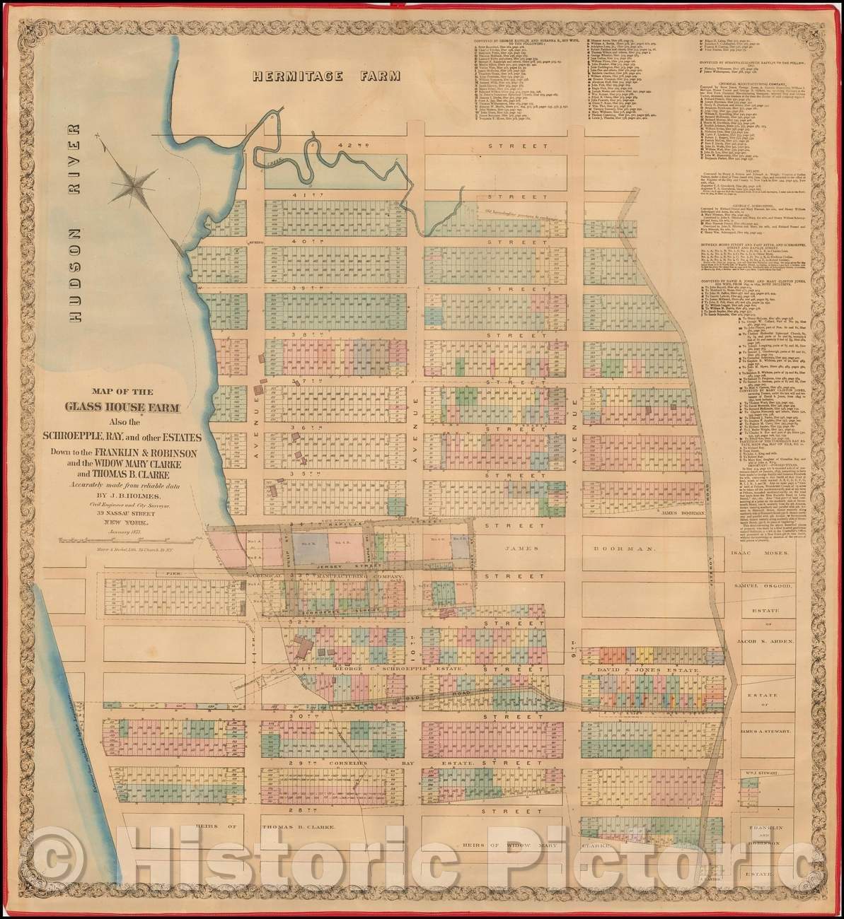 Historic Map - Map of the Glass House Farm Also the Schroepple, Ray, and other Estates Down to the Franklin & Robinson, 1873, John Bute Holmes - Vintage Wall Art