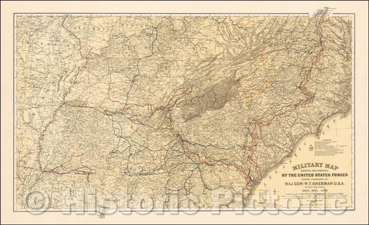 Historic Map - Military Showing the Marches of the United States Forces Under Command of Maj. Genl. W.T. Sherman, U.S.A. During The Years 1863, 1864, 1865, 1865 - Vintage Wall Art