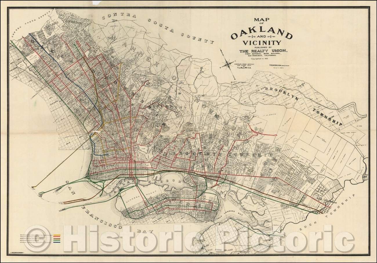 Historic Map - Map of Oakland and Vicinity, 1910, Woodward, Watson & Co. - Vintage Wall Art