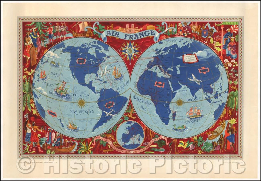 Historic Map - World Air France - Sur Les Ailes D'Air France Decouvrez Le Monde A Votre Tour, 1952, Lucien Boucher v2