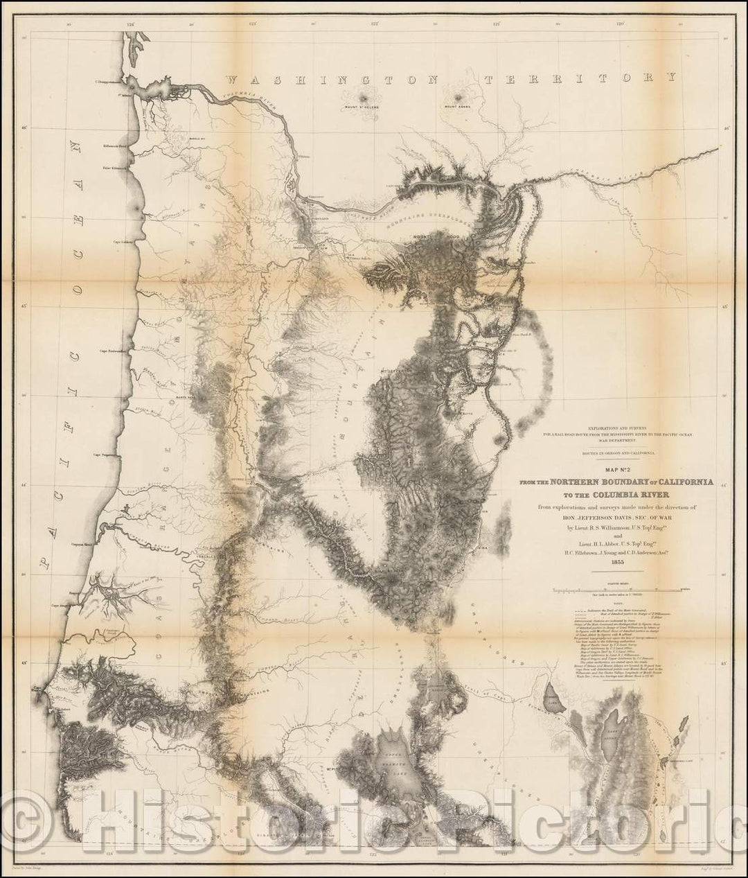 Historic Map - Map No. 1 From The Northern Boundary of California To The Columbia River; from Explorations and Surveys maade, 1861, U.S. Pacific RR Surveys - Vintage Wall Art