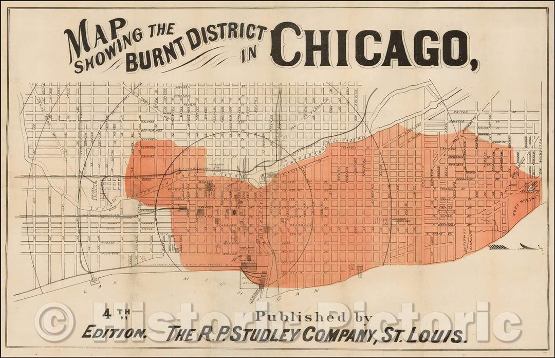 Historic Map - Map Showing the Burnt District in Chicago, 1871, R.P. Studley Company - Vintage Wall Art