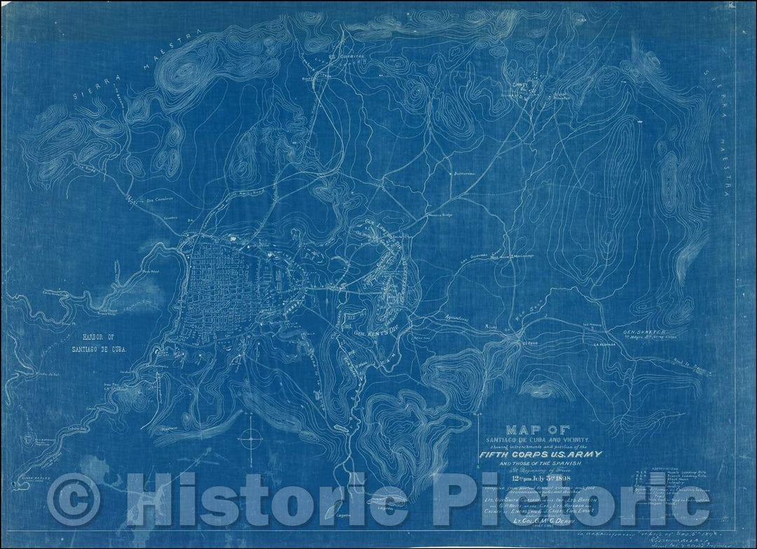 Historic Map - Map of Santiago de Cuba and Vicinity, showing intrenchments and position of the Fifth Army Corps U.S. Army and those of the Spanish, 1898 - Vintage Wall Art