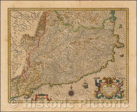 Historic Map - Cataloniae Principatus Descriptio Nova/New government Cataloniae Description, 1619, Jodocus Hondius - Vintage Wall Art