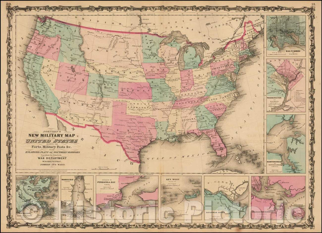Historic Map - Johnson's New Military Map of the United States Forts, Military Posts with Enlarged Plans of the Southern Harbors, 1862, Benjamin Ward v1