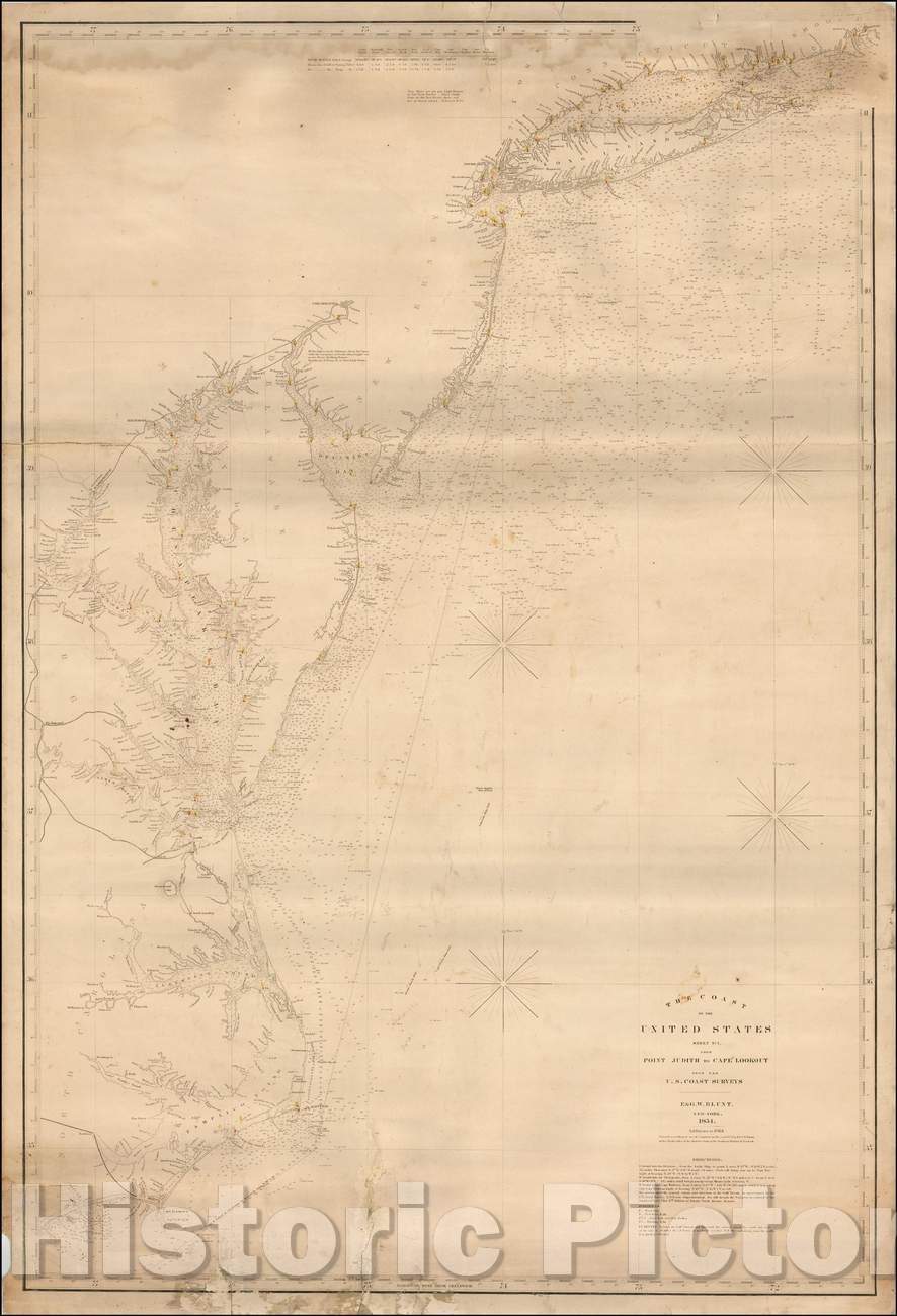 Historic Map - The Coast of the United States Sheet No. 1. From Point Judith to Cape Lookout From The U.S. Coast Surveys, 1864, E & GW Blunt - Vintage Wall Art