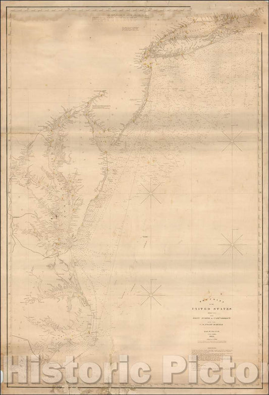 Historic Map - The Coast of the United States Sheet No. 1. From Point Judith to Cape Lookout From The U.S. Coast Surveys, 1864, E & GW Blunt - Vintage Wall Art