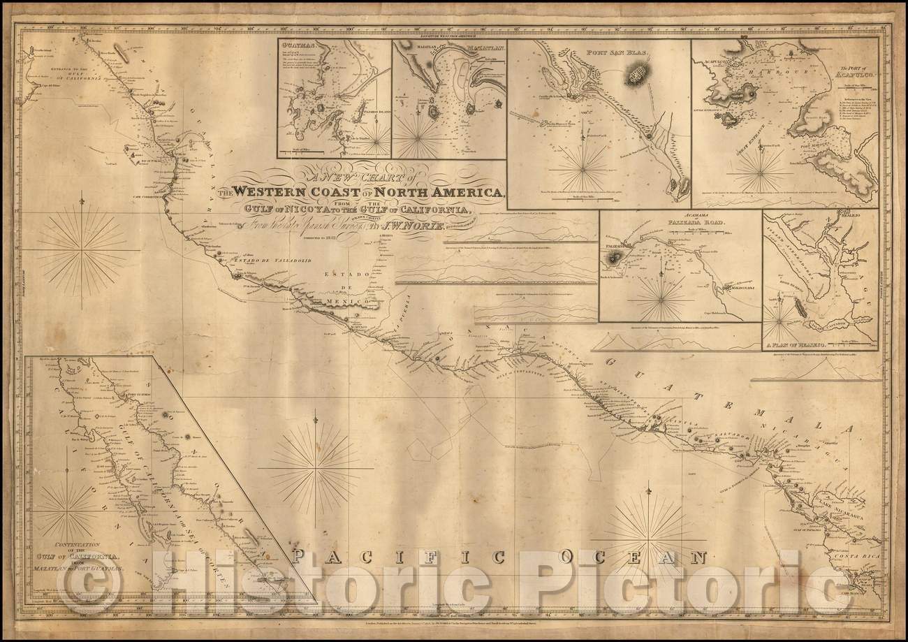 Historic Map - A New Chart of the Western Coast of North America from the Gulf of Nicoya to the Gulf of California, 1852, John William Norie - Vintage Wall Art