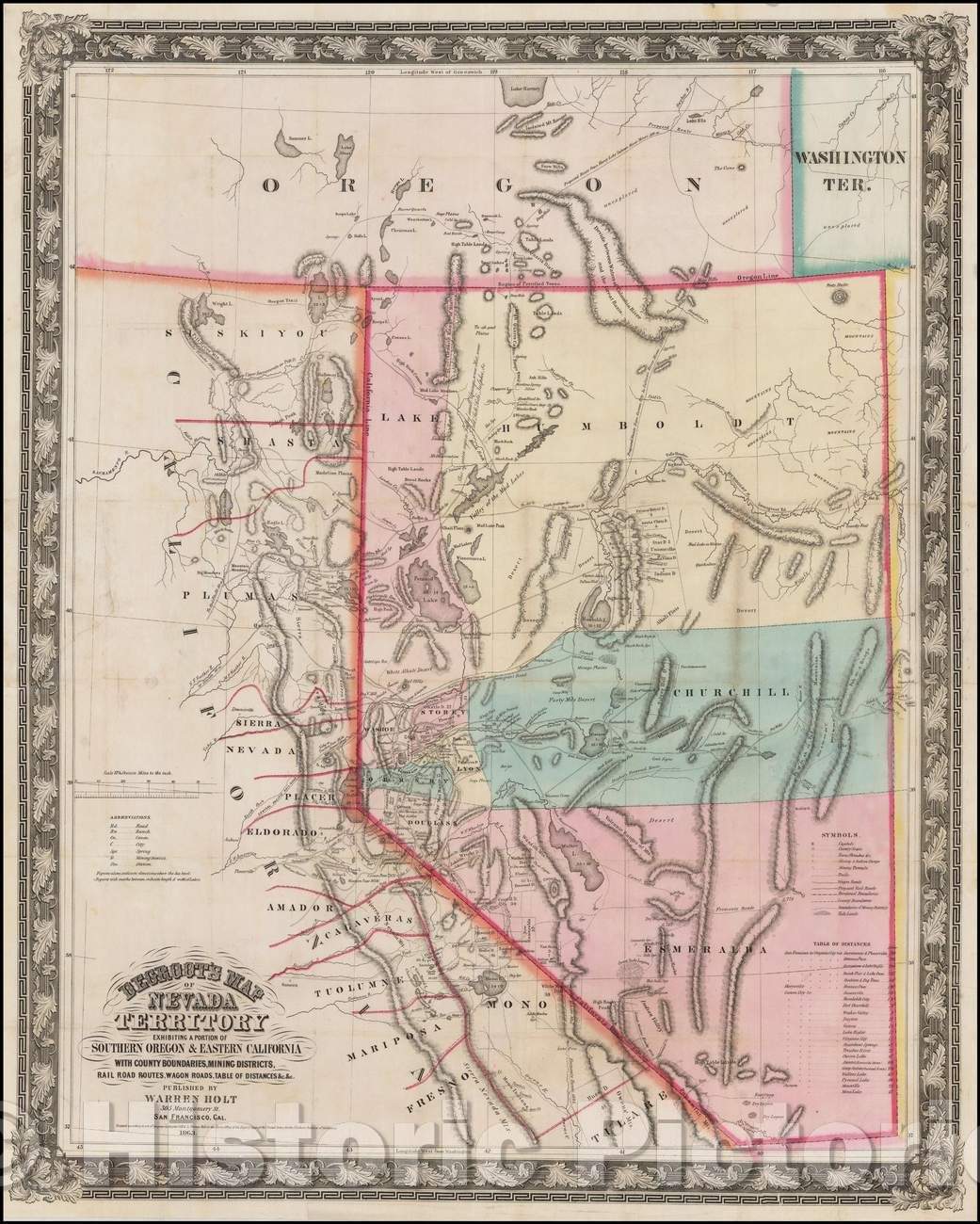 Historic Map - DeGroot's Map of Nevada Territory exhibiting a portion of southern Oregon and eastern California, 1863, Henry DeGroot - Vintage Wall Art