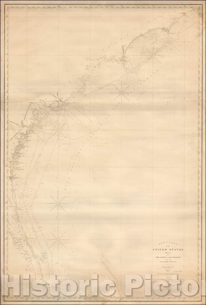 Historic Map - The Coast of the United States Sheet No. 2. From Cape Lookout to Cape Carnaveral From The U.S. Coast Surveys, 1864, E & GW Blunt - Vintage Wall Art