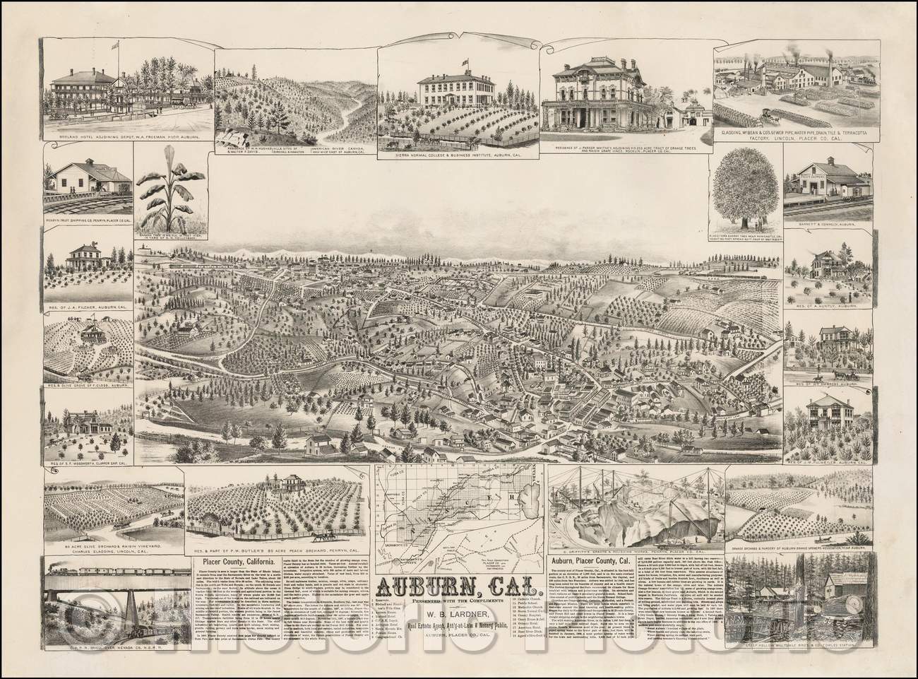Historic Map - Auburn, Cal. Presented With Compliments of W.B. Lardner, Real Estate Agent, Att'y-at-Law & Notary Public, Auburn, Placer Co. Cal, 1887 v3