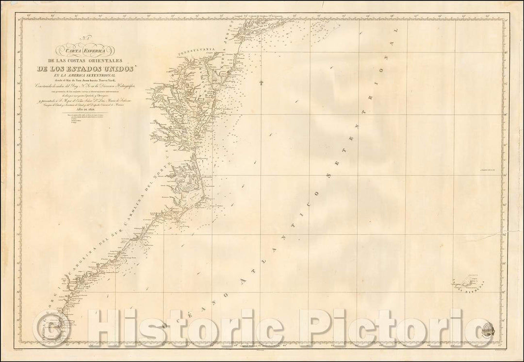 Historic Map - Carta Esferica de las Costas Orientales de los Estados Unidos en la America :: Coastal Chart of the United States Coastline, 1826 - Vintage Wall Art