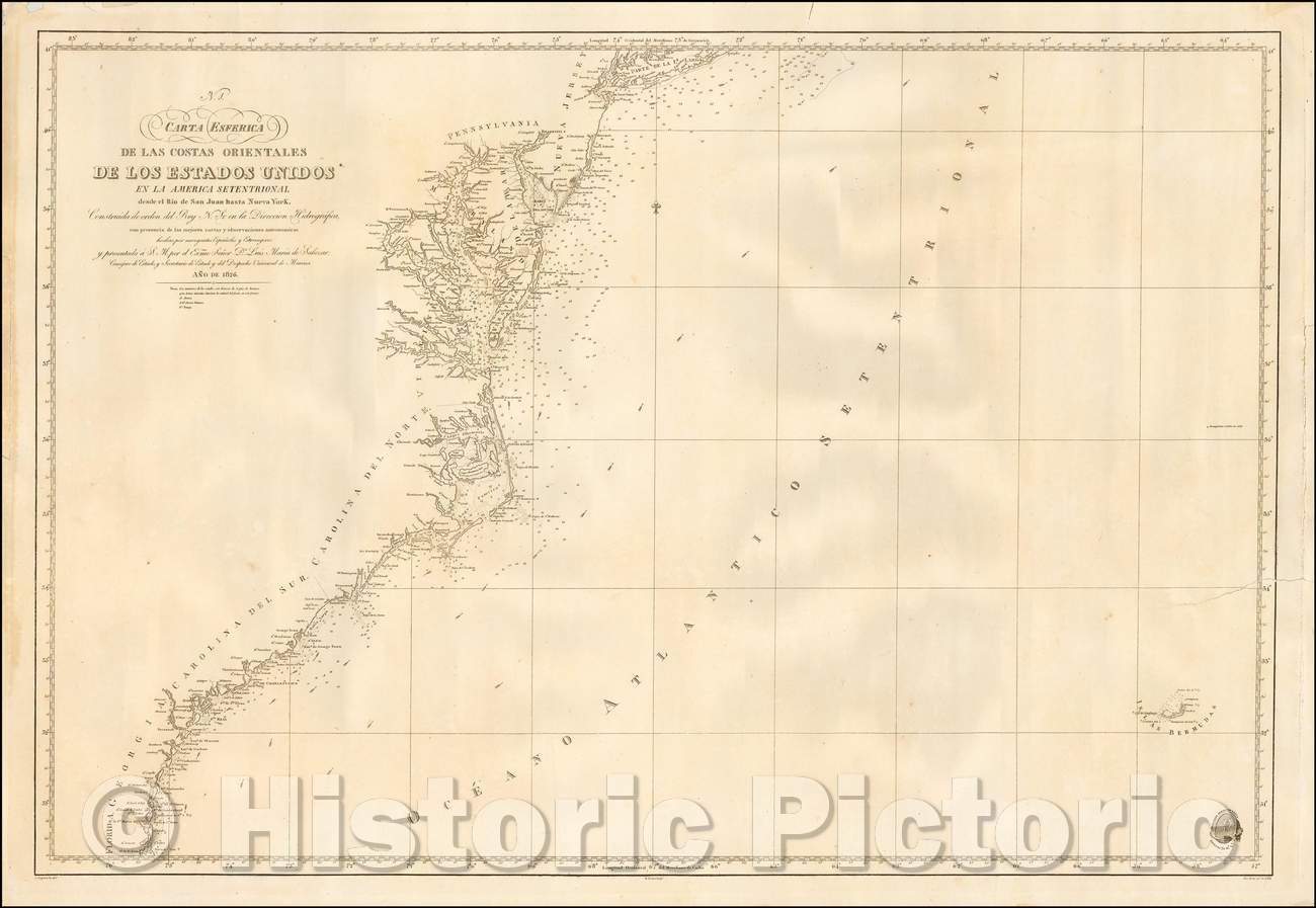 Historic Map - Carta Esferica de las Costas Orientales de los Estados Unidos en la America :: Coastal Chart of the United States Coastline, 1826 - Vintage Wall Art
