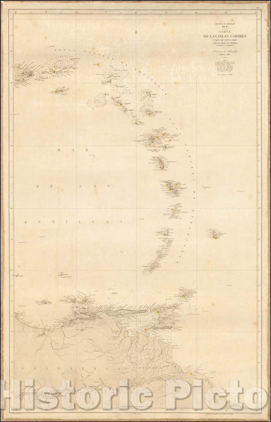 Historic Map - Carta De Las Islas y Parte de Costa Firme segun los trabajos/Sea Chart of eastern Caribbean Ocean and coastline of South America, 1868 - Vintage Wall Art