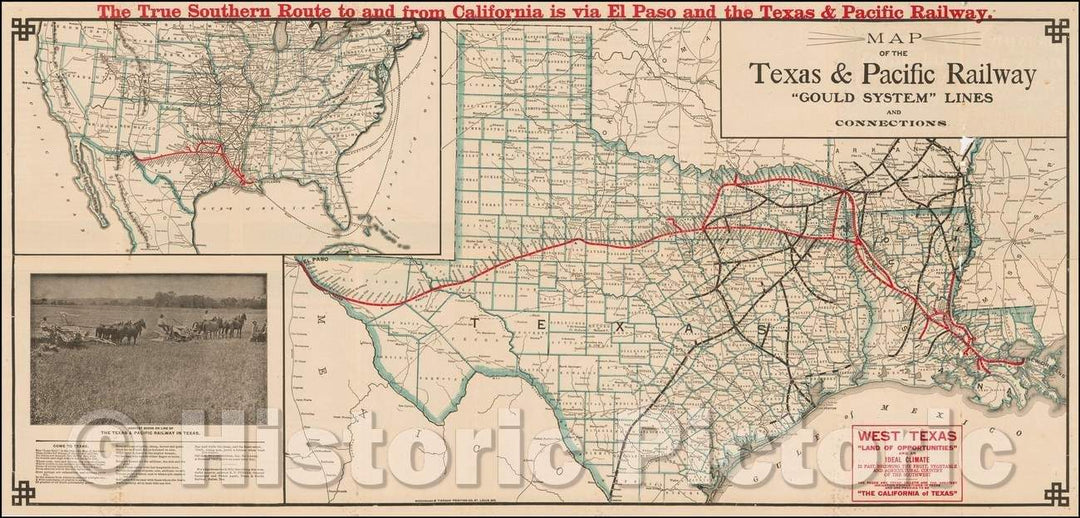 Historic Map - Map of the Texas & Pacific Railway, 1890, Woodward & Tiernan Printing Company - Vintage Wall Art