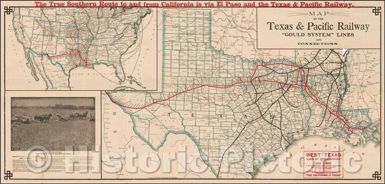 Historic Map - Map of the Texas & Pacific Railway, 1890, Woodward & Tiernan Printing Company - Vintage Wall Art