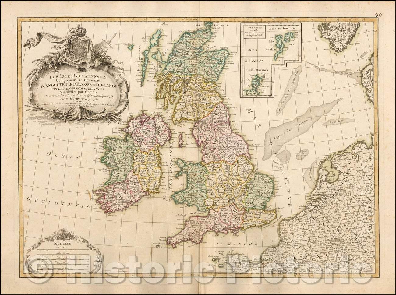 Historic Map - Les Isles Britanniques Comprenant les Royaumes D'Angleterre D'Ecosse et D', 1791 - Vintage Wall Art