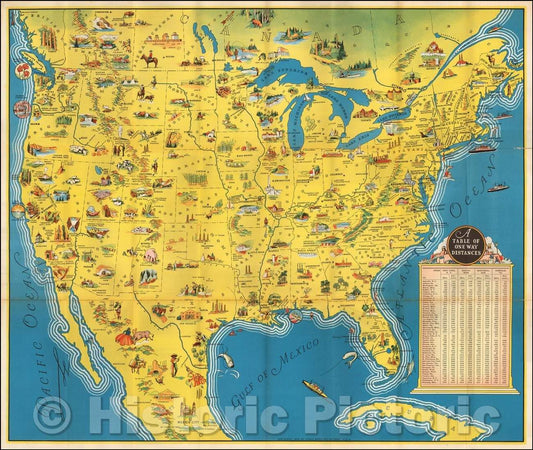 Historic Map - United States, See America Issued, 1938, Poole Brothers - Vintage Wall Art