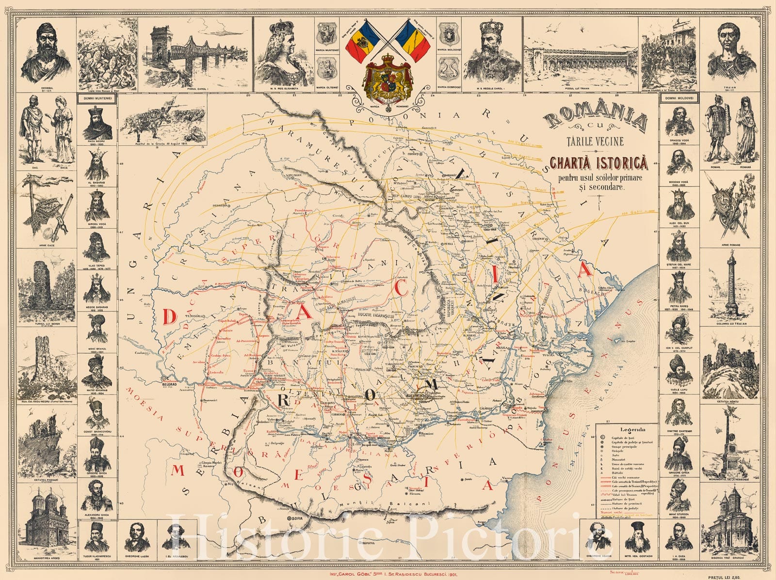 Historic Map - Romania cu Tarile Vecine Charta Istorica pentru usul sc :: Historical of Romania, in Bucharest in 1901, Institut de Arte Grafice"Carol Gobl", 1901 - Vintage Wall Art