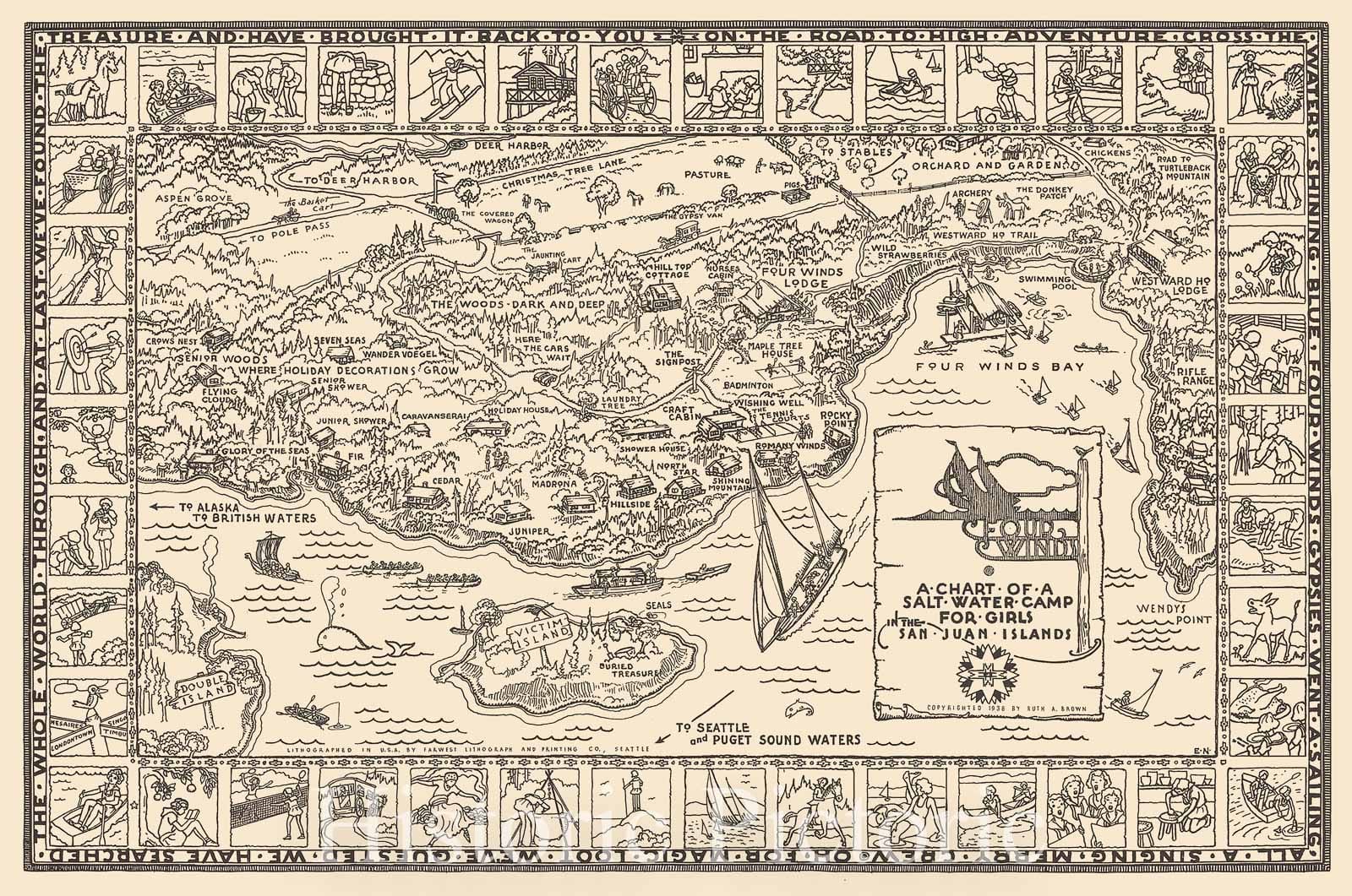 San Juan Islands - Four Winds Sailing Camp Map, 1938 | Historical Map Print