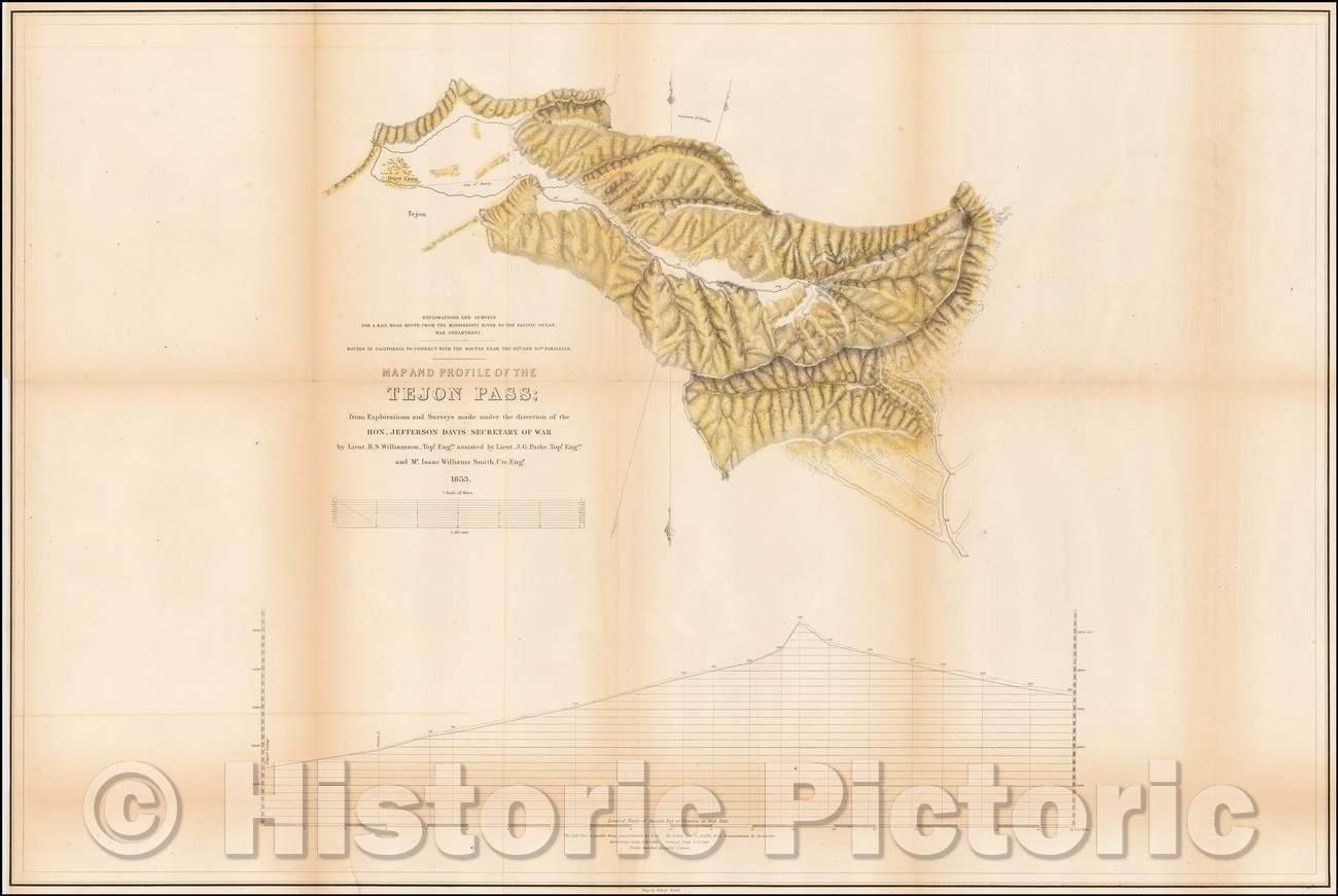 Historic Map - Map and Profile of the Tejon Pass; from Explorations and Surveys, 1853, U.S. Pacific RR Survey - Vintage Wall Art