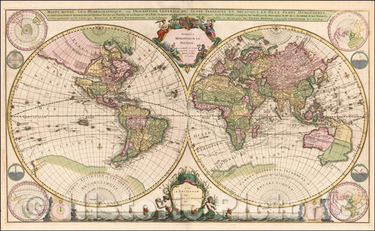 Historic Map - Mappe-Monde Geo-Hydrographique, ou Description Generale du Globe Terrestre et Aquatique en Deux Plans-Hemispheres, 1721, Pieter Mortier - Vintage Wall Art
