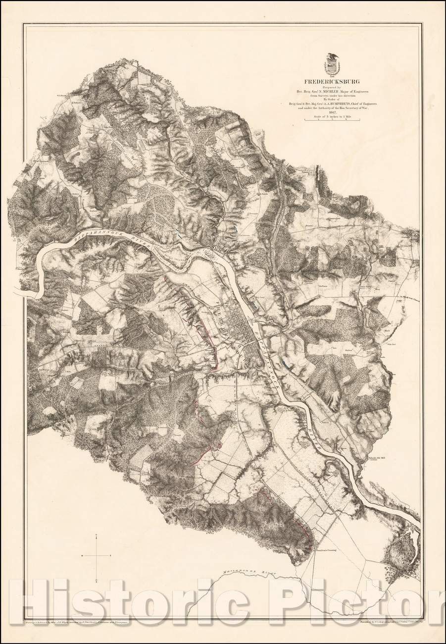 Historic Map - Fredericksburg Prepared, 1867, United States War Dept. - Vintage Wall Art