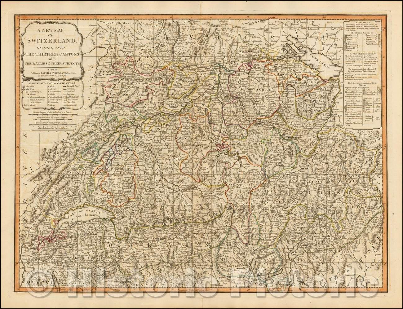 Historic Map - Switzerland Divided into Thirteen Cantons With Their Allies & Their Subjects, 1794, Laurie & Whittle - Vintage Wall Art