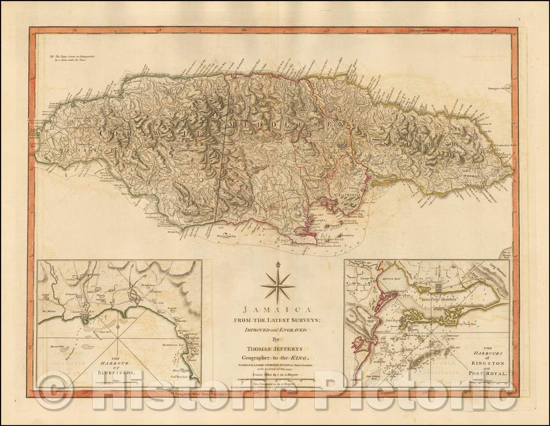 Historic Map - Jamaica from the Latest Surveys; Improved and Engraved, 1794, Laurie & Whittle - Vintage Wall Art
