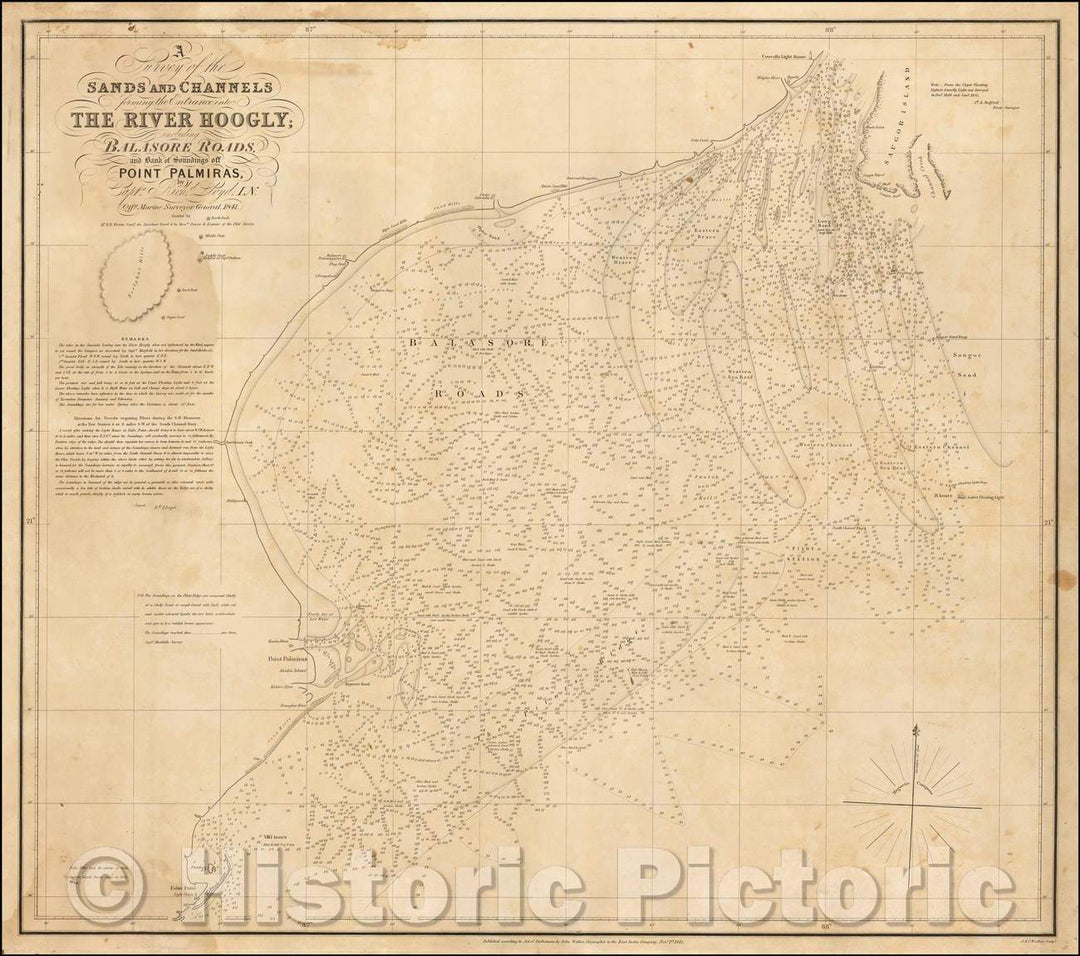 Historic Map - A Survey of the Sands and Channels forming the Entrance into The River Hoogly, 1842, John Walker - Vintage Wall Art