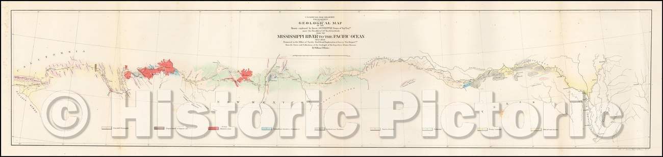 Historic Map - Geological Map of the Route explored, 1854, U.S. Pacific RR Surveys - Vintage Wall Art