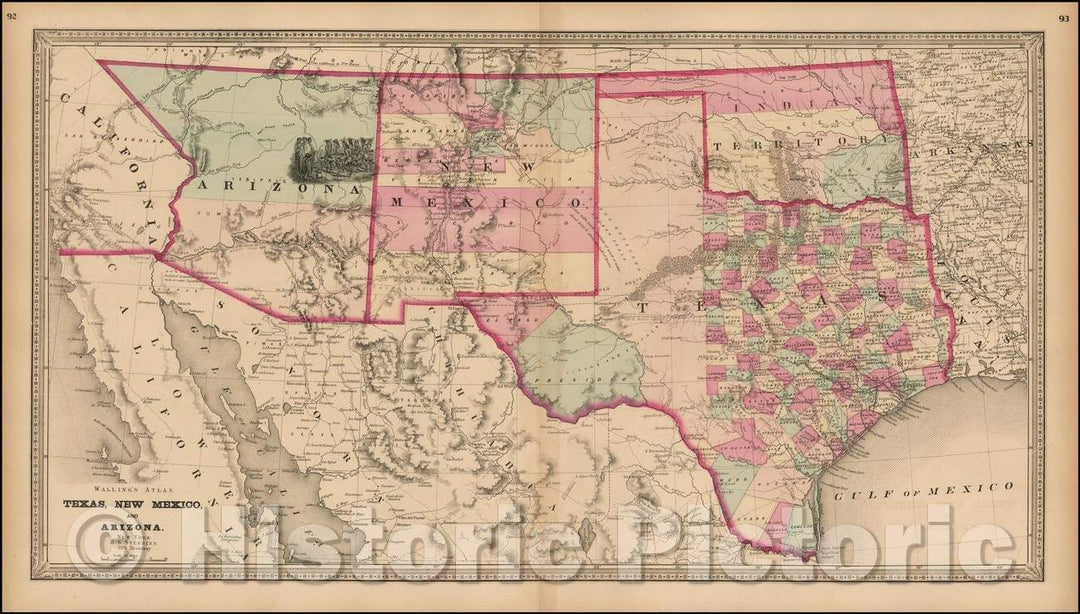 Historic Map - Texas, New Mexico and Arizona, 1866, H.S. Stebbins - Vintage Wall Art